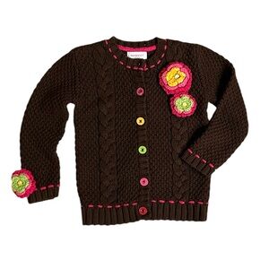 Savannah Girl's Knit Brown Cardigan Toddler 4 Small Crochet Flowers Button Up